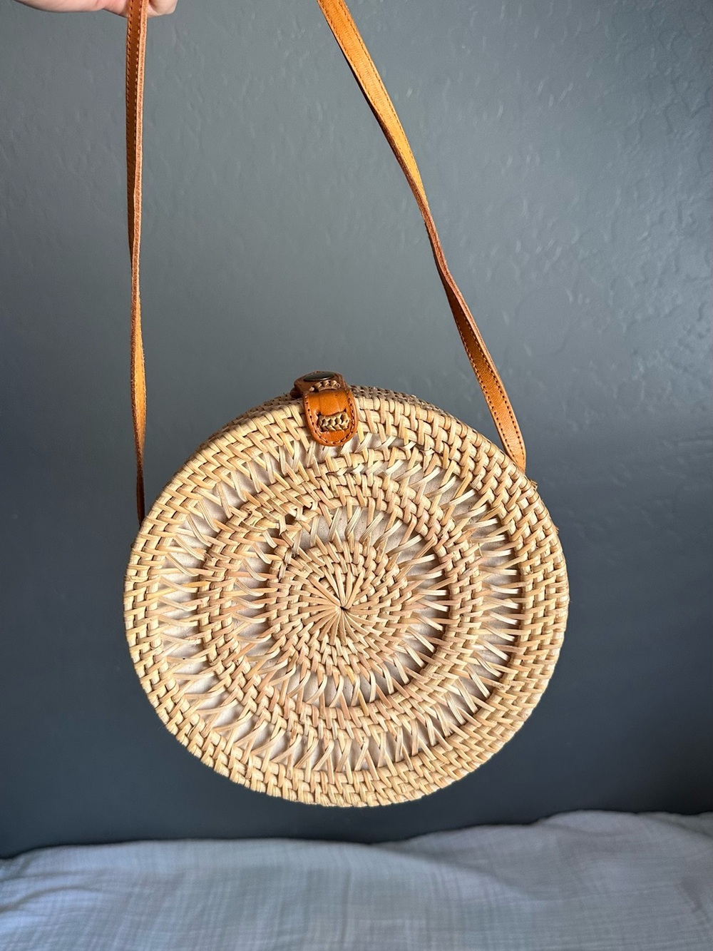 Round Woven Crossbody Bag in Tan with Leather Strap